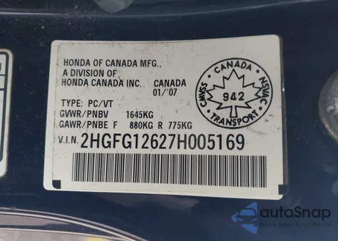 2007 Honda Civic Lx from USA, damaged, VIN 2HGFG12627H005169